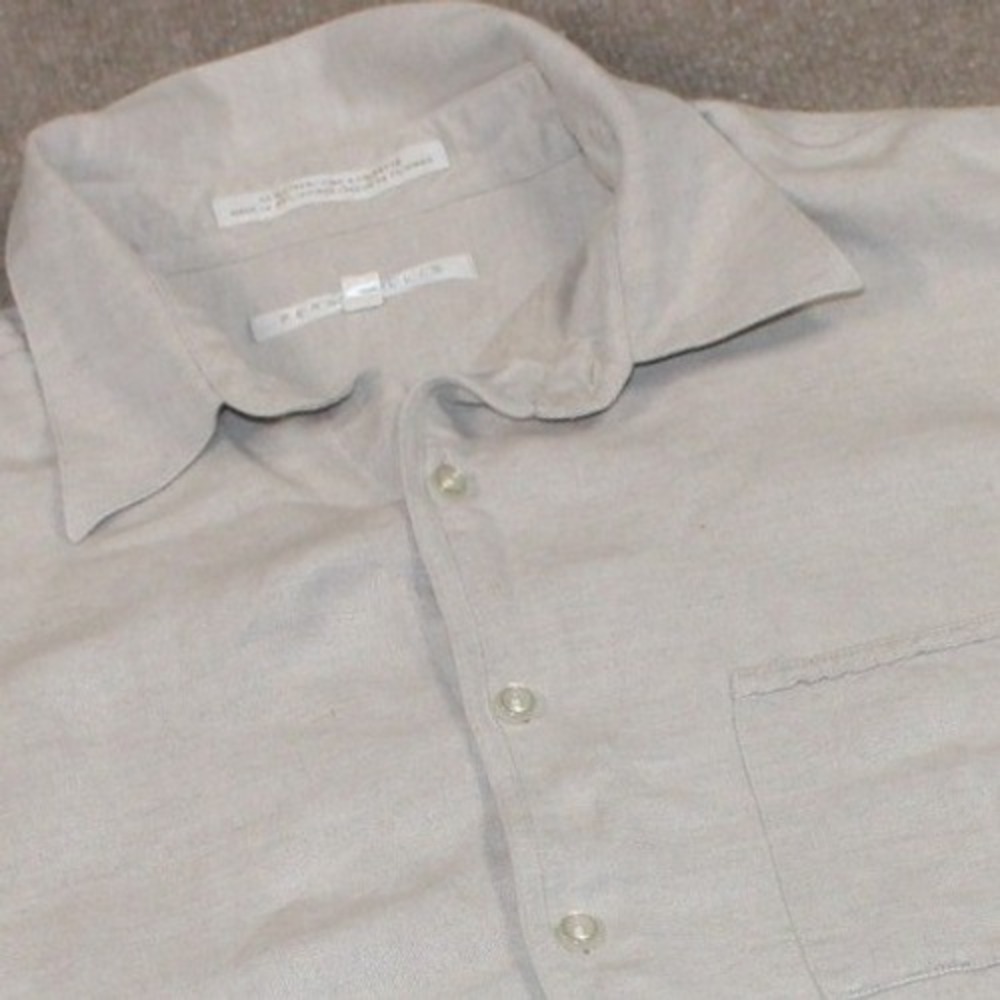 Perry Ellis Mens XL Linen Blend Short Sleeve Button Down Shirt Beige Tan Pocket